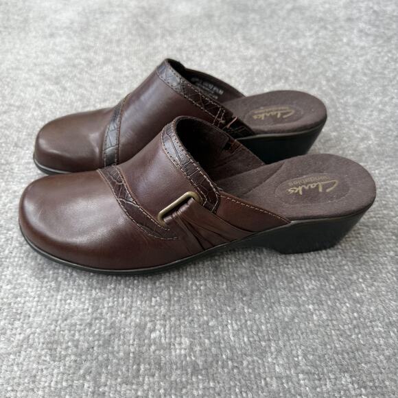 Clarks Shoes Womens Size 8.5 Brown Bendables Clog Mule Slip On Wedge Leather - Picture 1 of 13